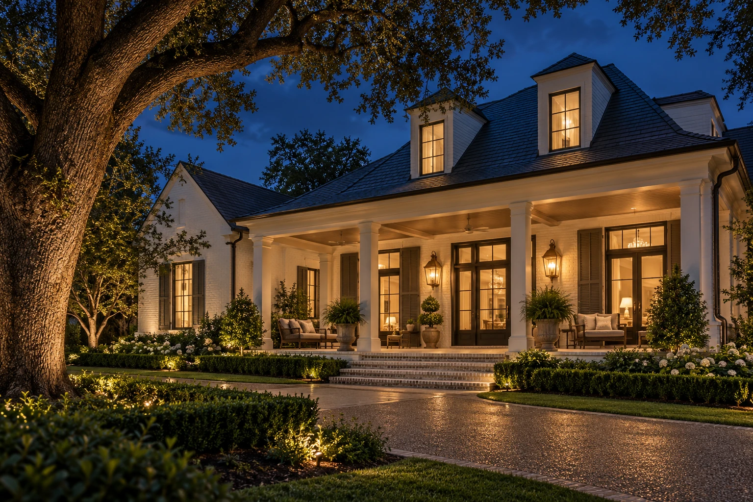 Illustrative Southern home at dusk